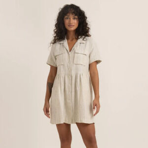 Roark Riviera Organic Cotton Linen Coastal Camp Shirt Dress Coconut Beige Small